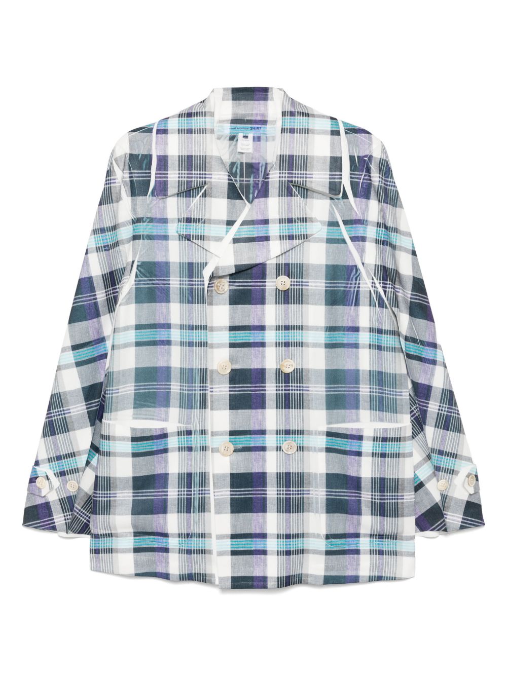 Checked double-breasted button blazer - 051BLUE