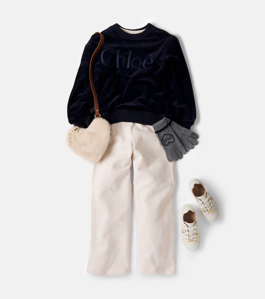 Chloé Kids Logo embroidered cotton velvet sweatshirt
