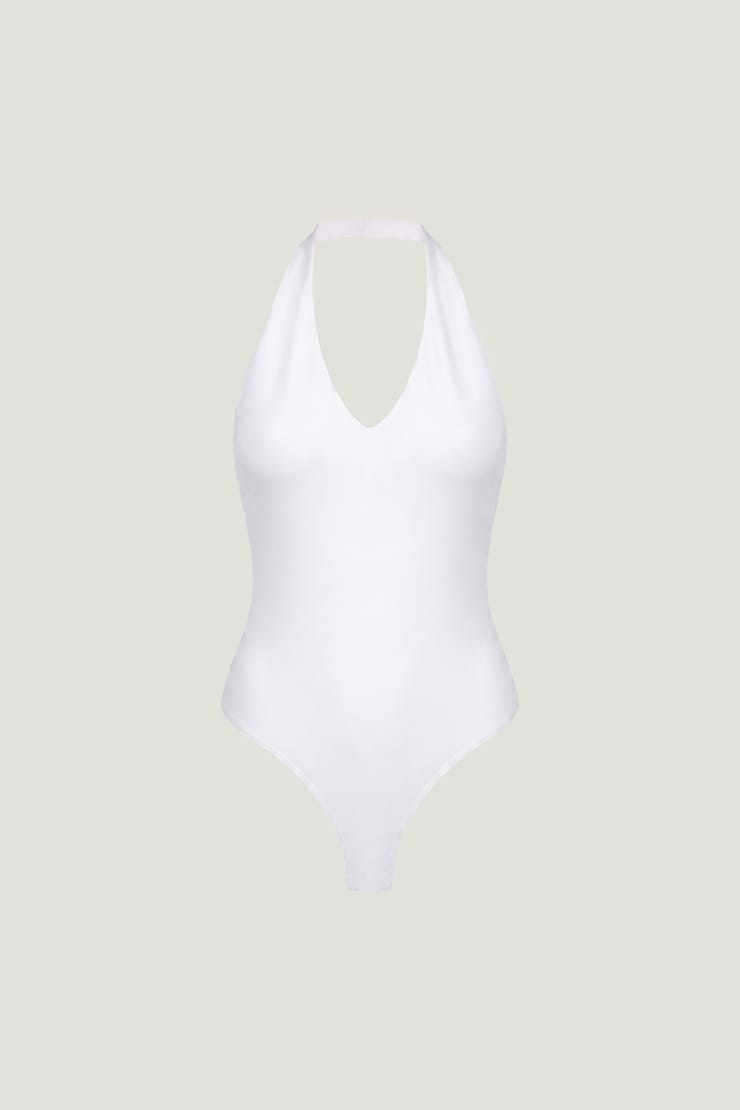 Sculpt Plunge Halter Bodysuit - White - Women Clothing