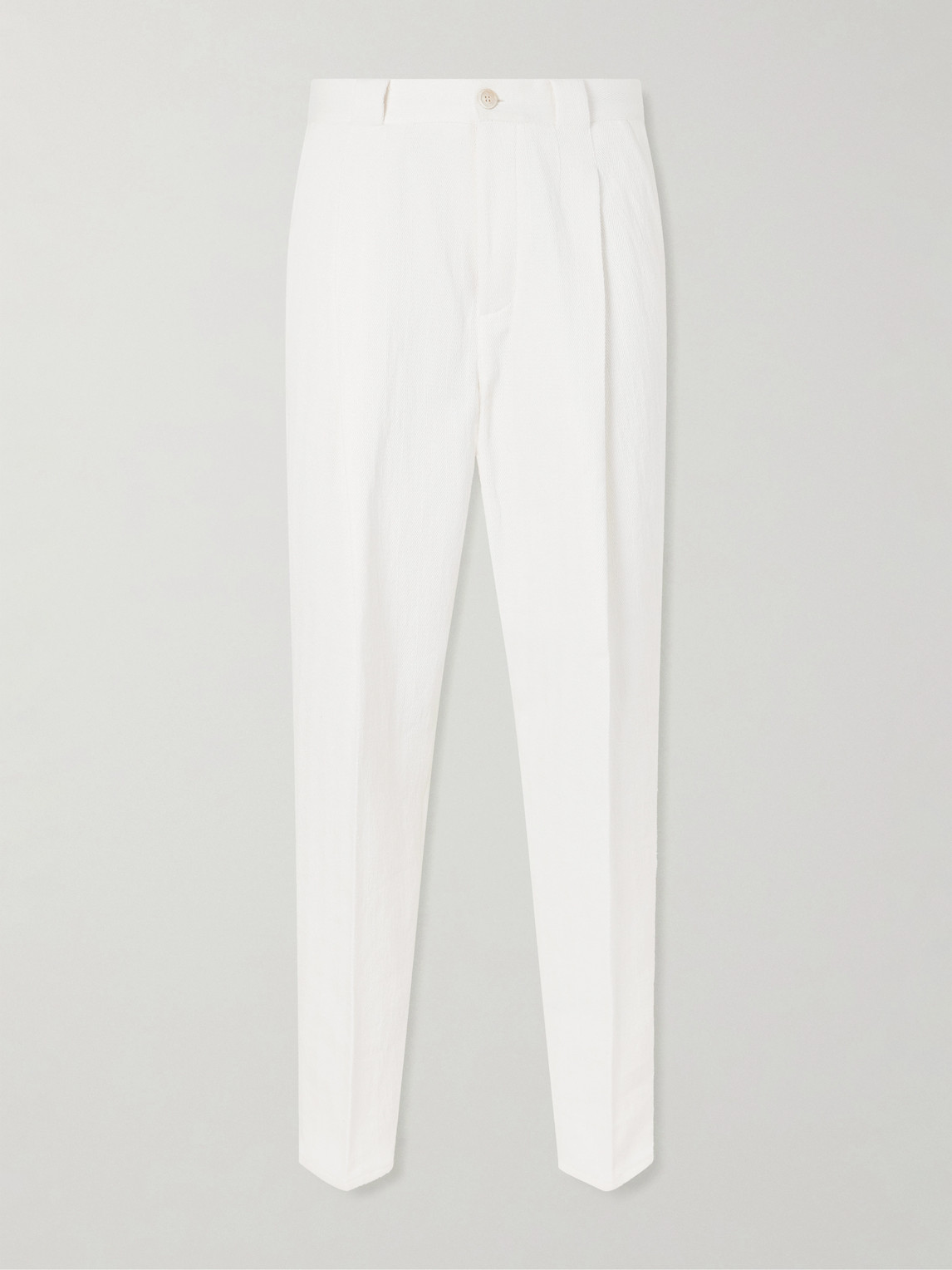 Straight-Leg Pleated Herringbone Cotton and Linen-Blend Trousers - Men - White