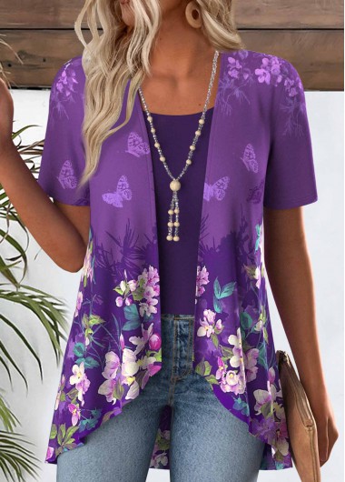 Modlily Purple Ombre Short Sleeve Fake Two Piece Twinset