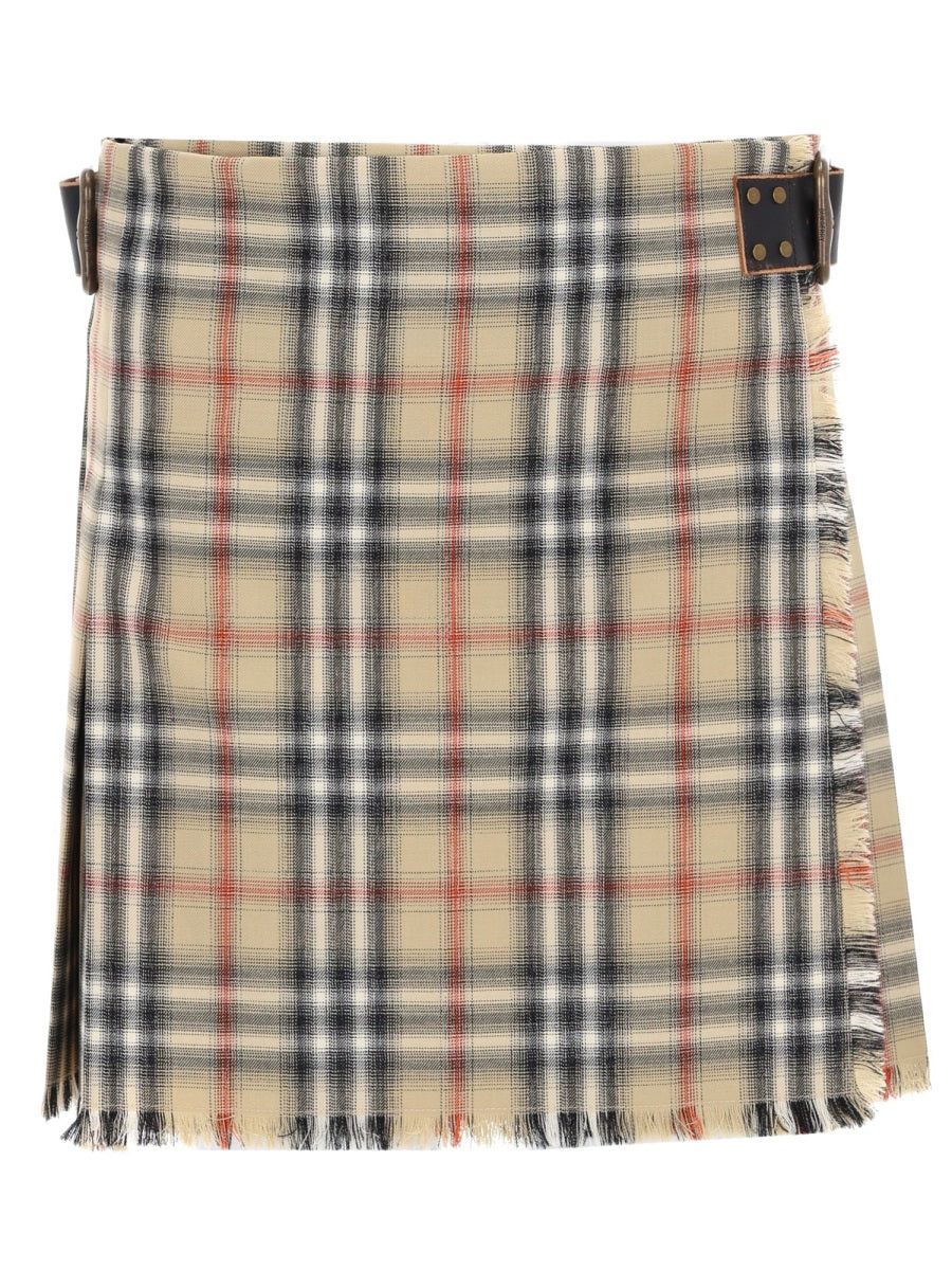 Skirt with Adjustable Belt and All-over Check Motif in Wool for Women