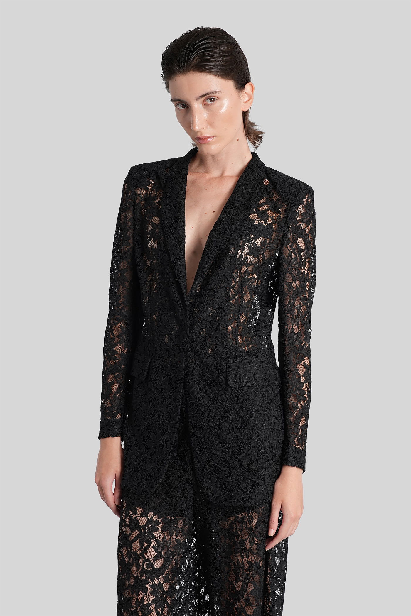 Single-breasted floral-lace blazer - Black