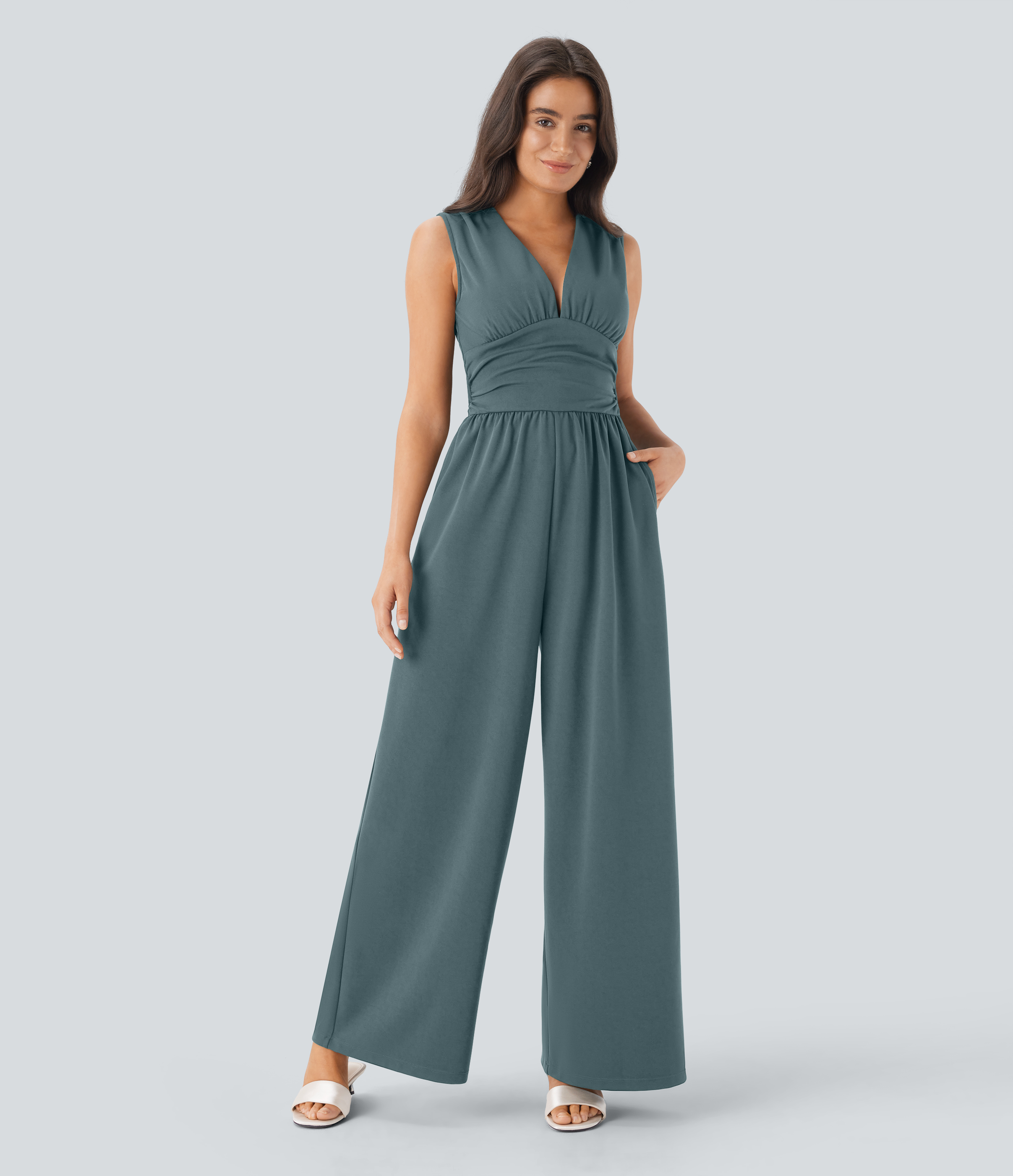 V Neck Sleeveless Ruched Pocket Jumpsuit-Easy Peezy  - North Atlantic