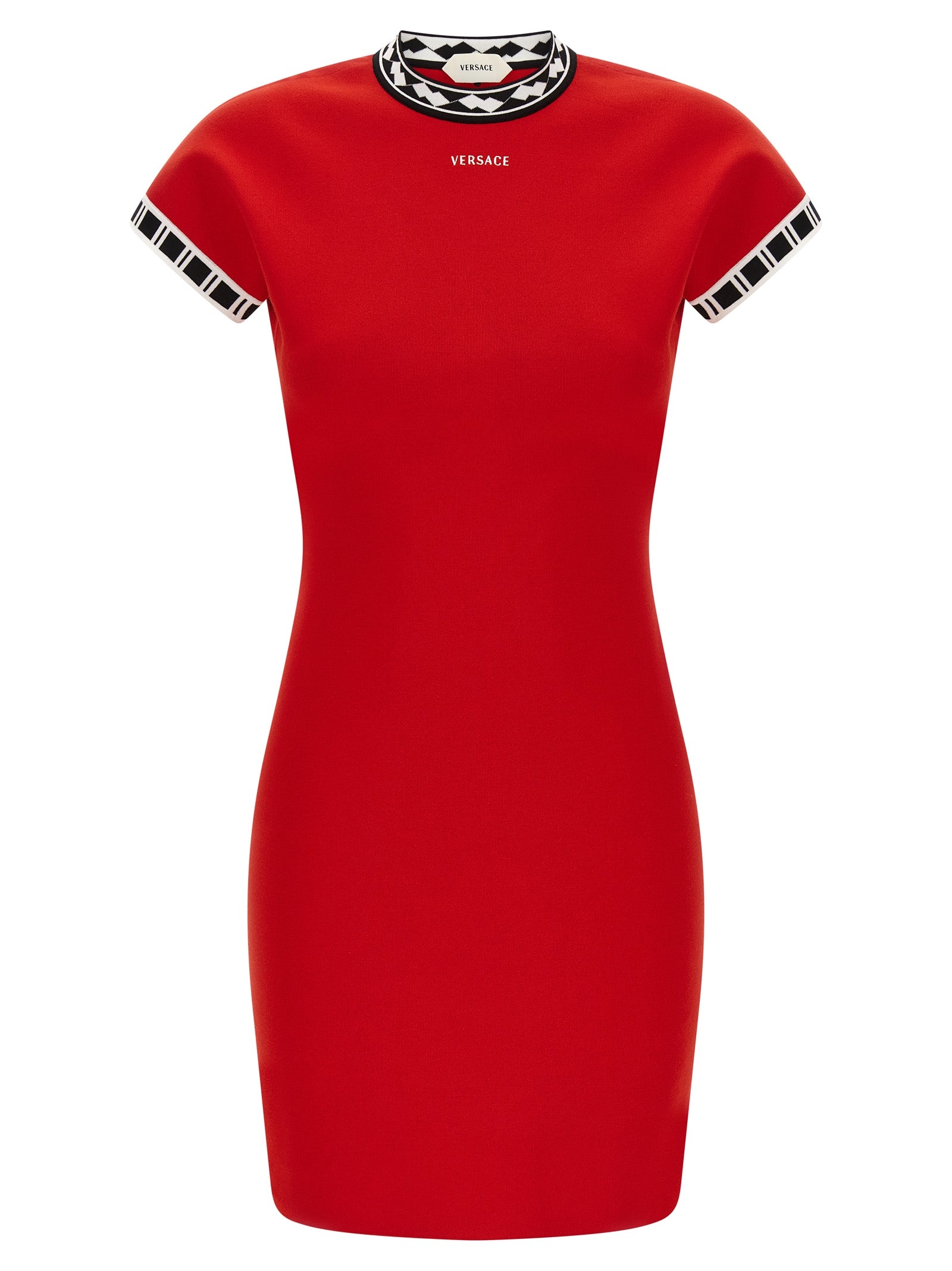 Geometric Jacquard Trim Dress — Red
