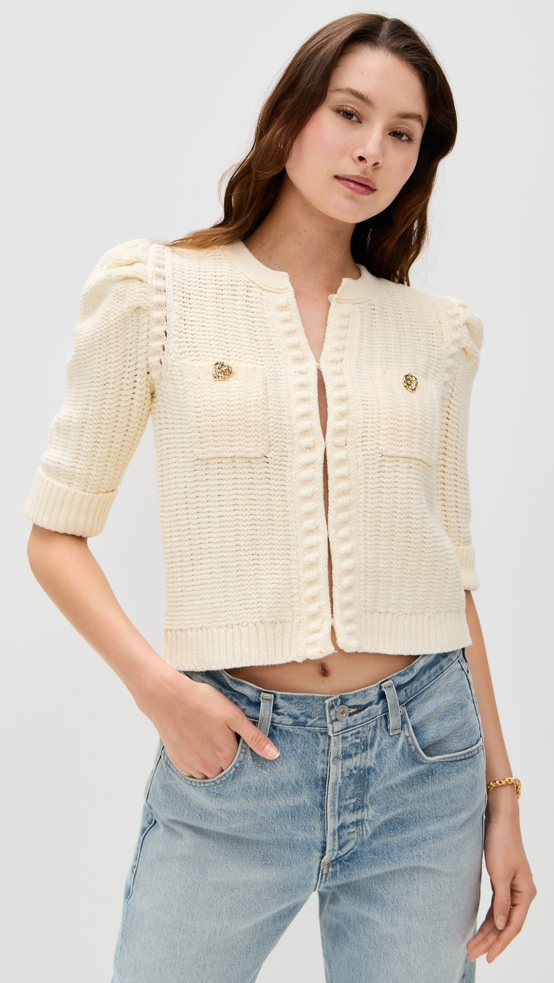 Delilah Crop Textured Cardigan Vintage White/Gold Knot