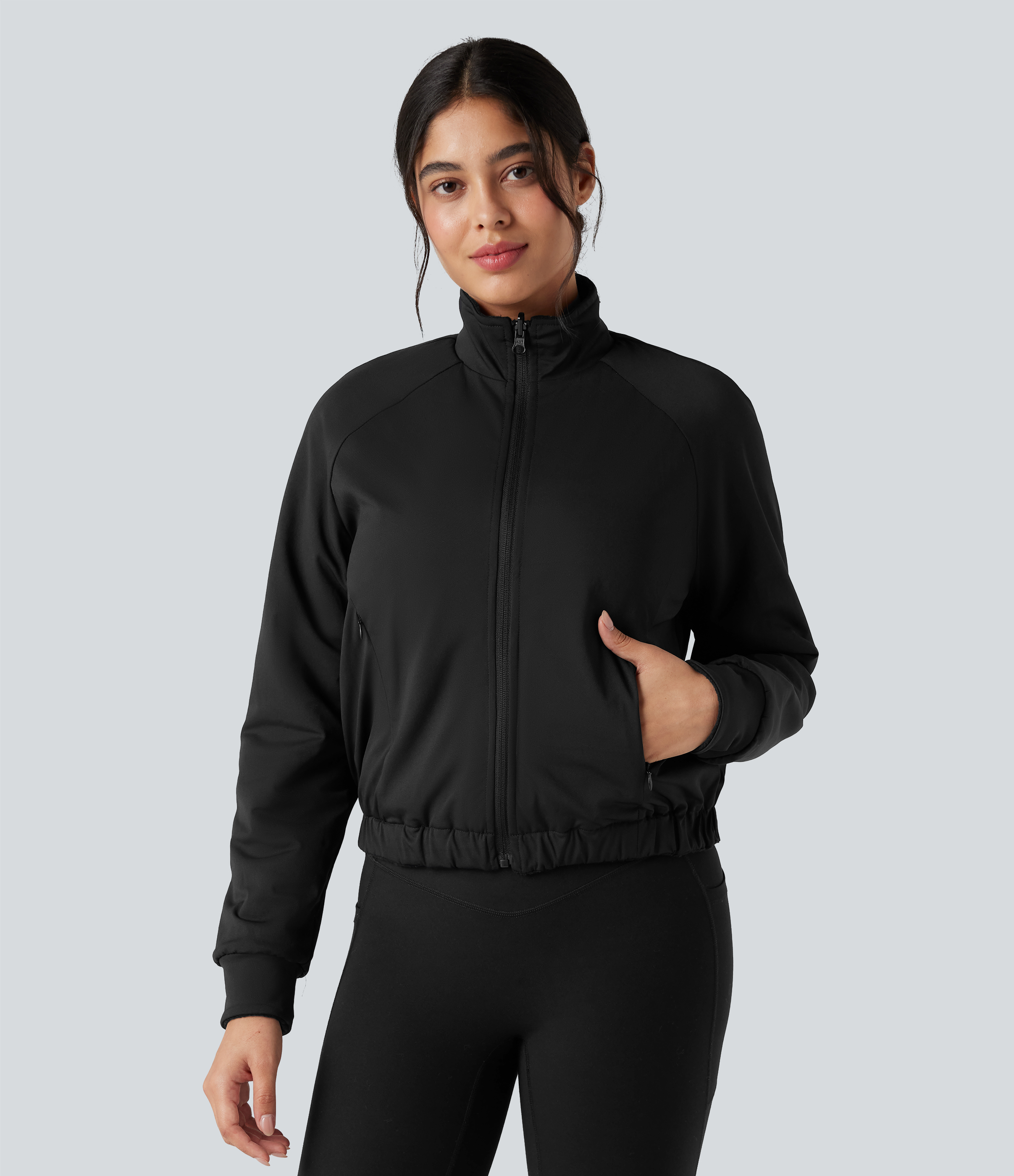 Reversible High Neck Long Sleeve Fleece Hiking Jacket with Pockets (Two Looks in One)  - Black