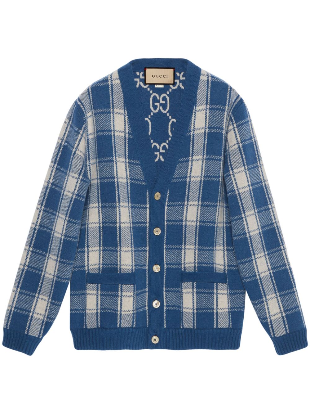 Checked reversible wool cardigan - Blue