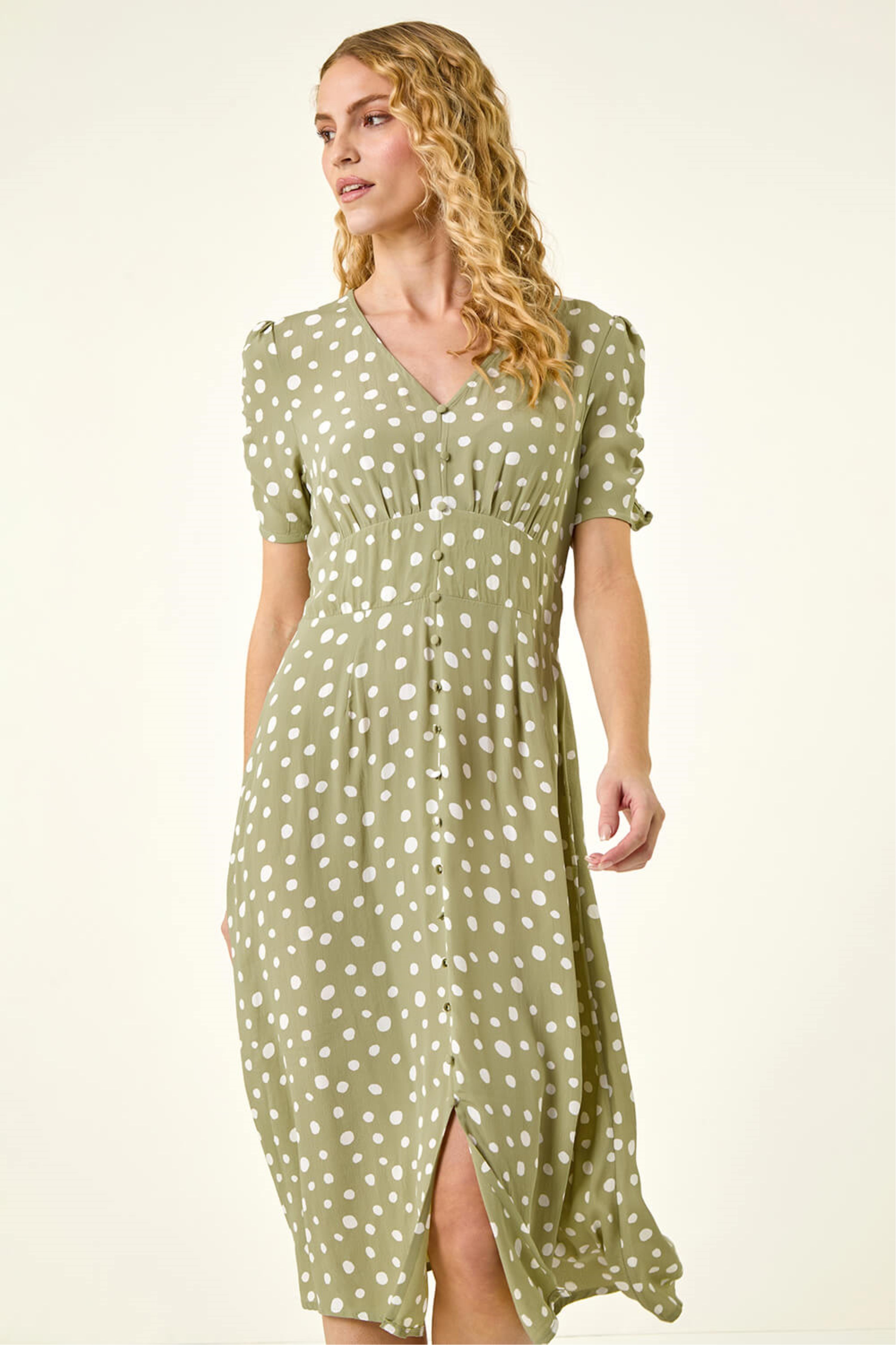 Roman Womens Polka Dot Ruched Sleeve Midi Dress - Green