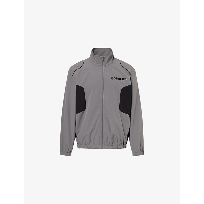 Mens Grey Logo-Print Relaxed-Fit Shell Track Top