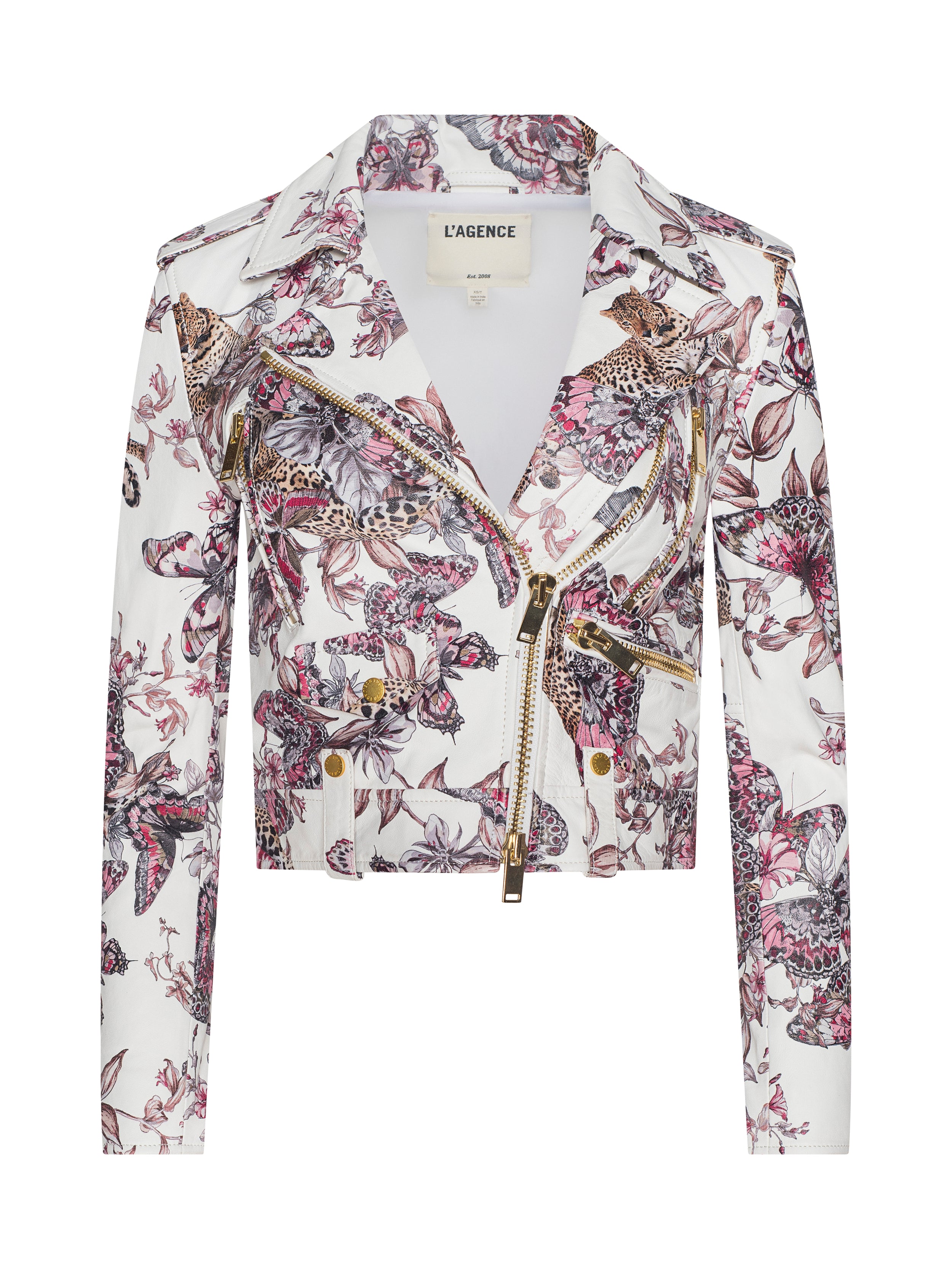 Blakely Leather Biker Jacket In White Multi Small Butterfly Jungle