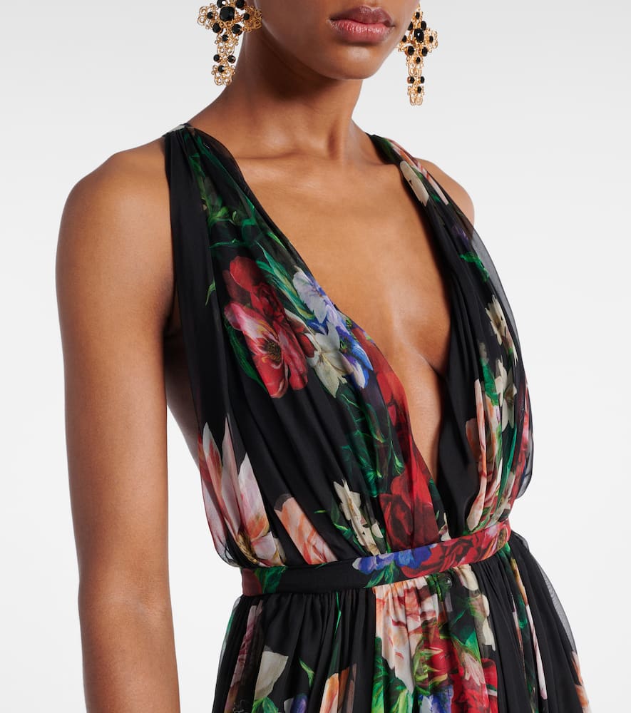 Floral pleated silk chiffon gown