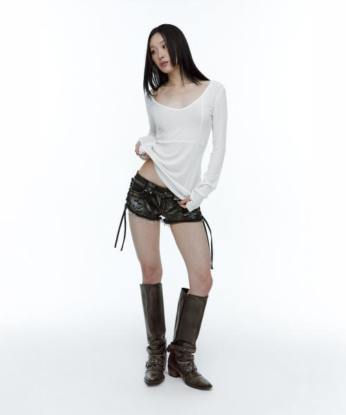Lace-up side washed short pants