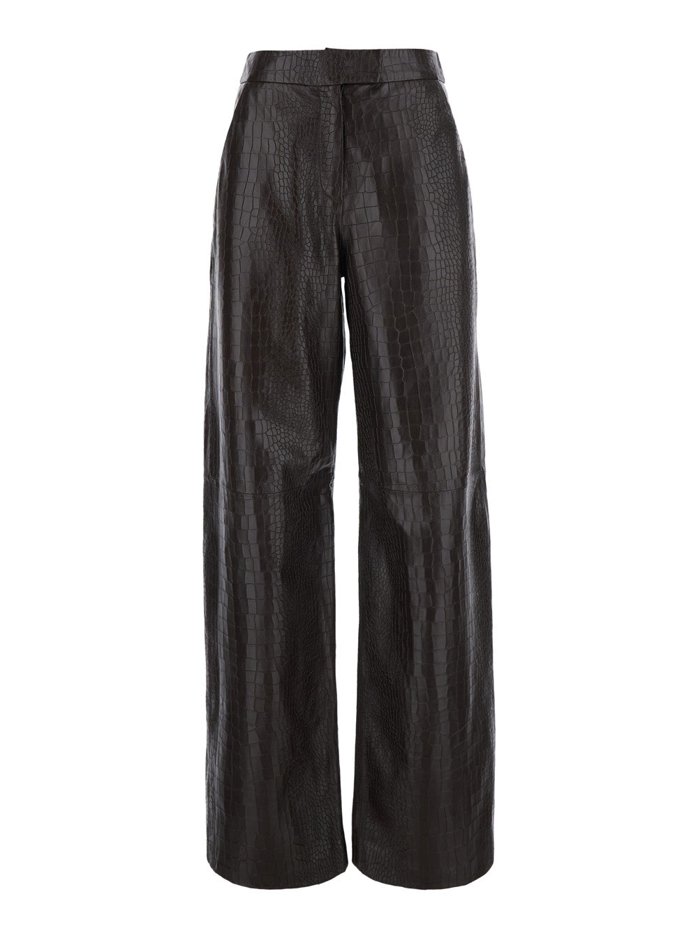Crocodile-Print Leather Trousers — Brown