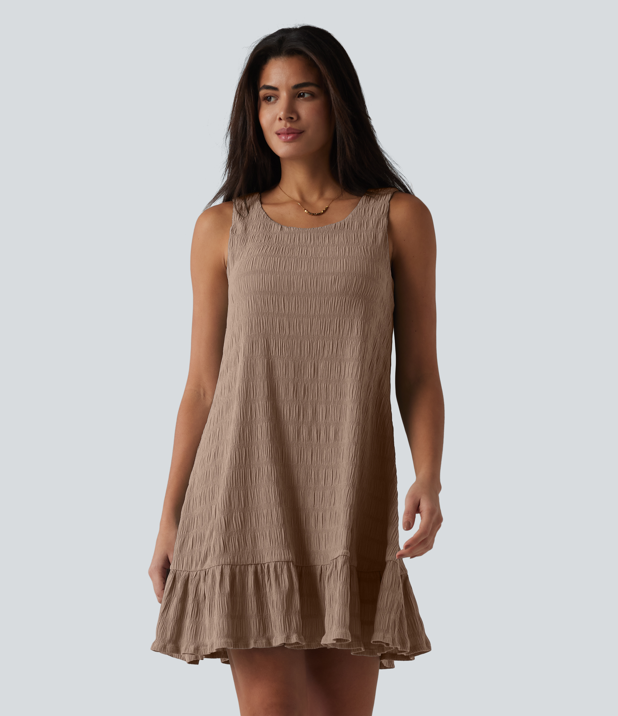 Round Neck Built-in Bra Sleeveless Ruffle Hem Mini Casual Dress Casual Dress - Affogat