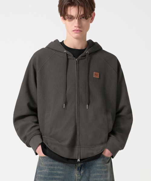 Leather Patch Waffle Hooded Zip-Up_Charcoal