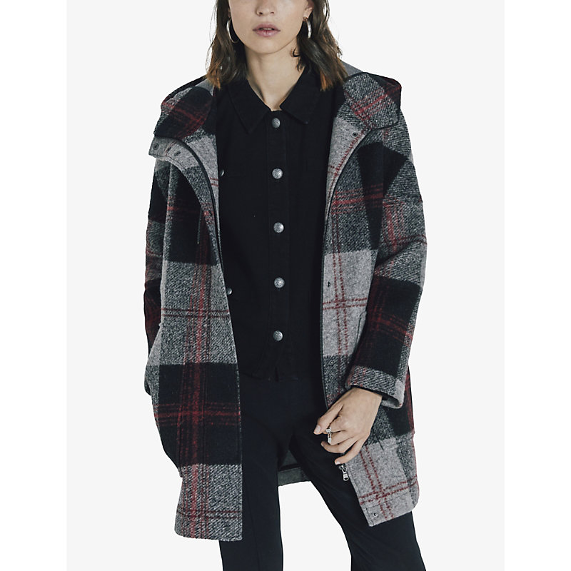 Womens Charcoal Grey Checked Hooded Woven Coat