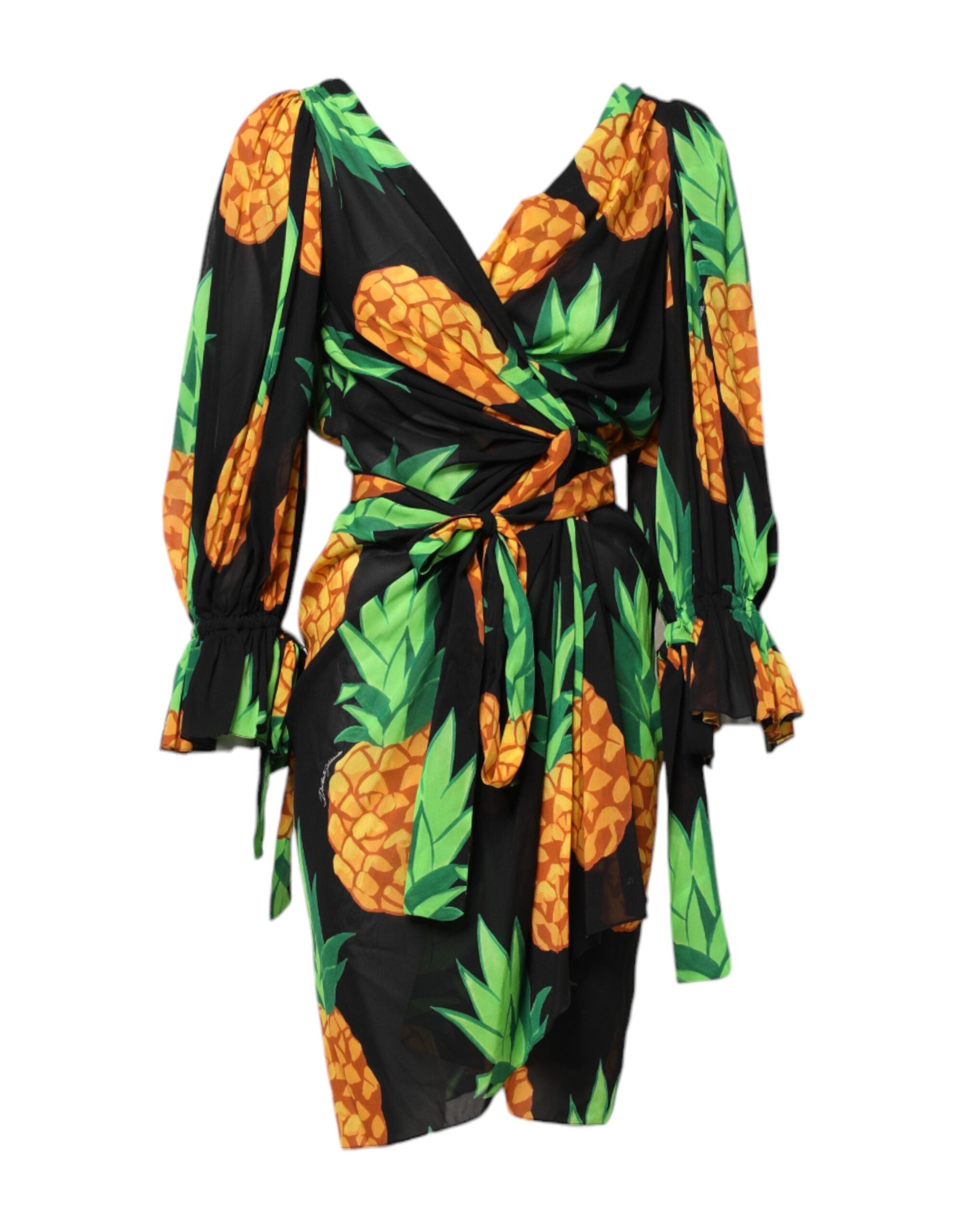 Pineapple Print Silk Wrap Dress — Black