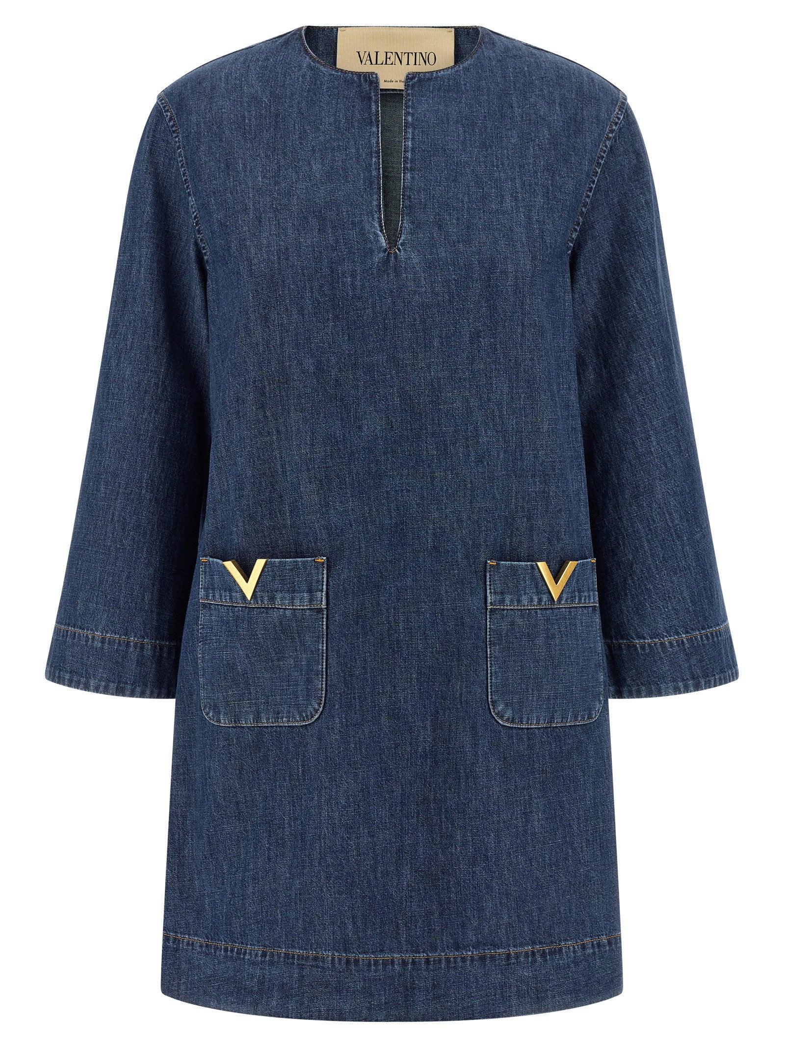 V-Gold Embellished Denim Dress — Blue