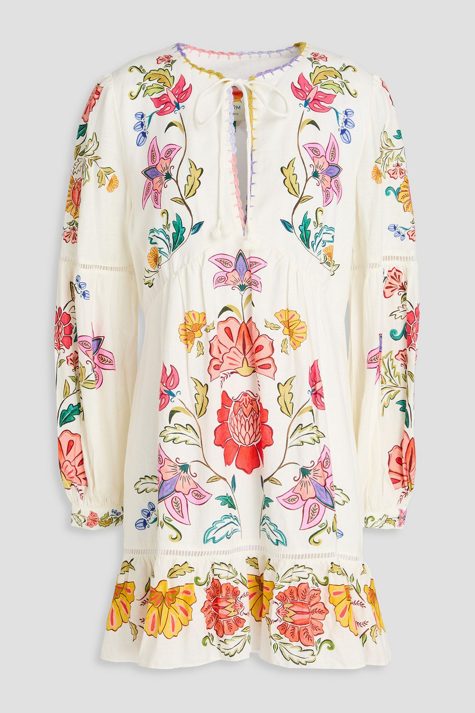 Tiered floral-print linen-blend mini dress - White - XS