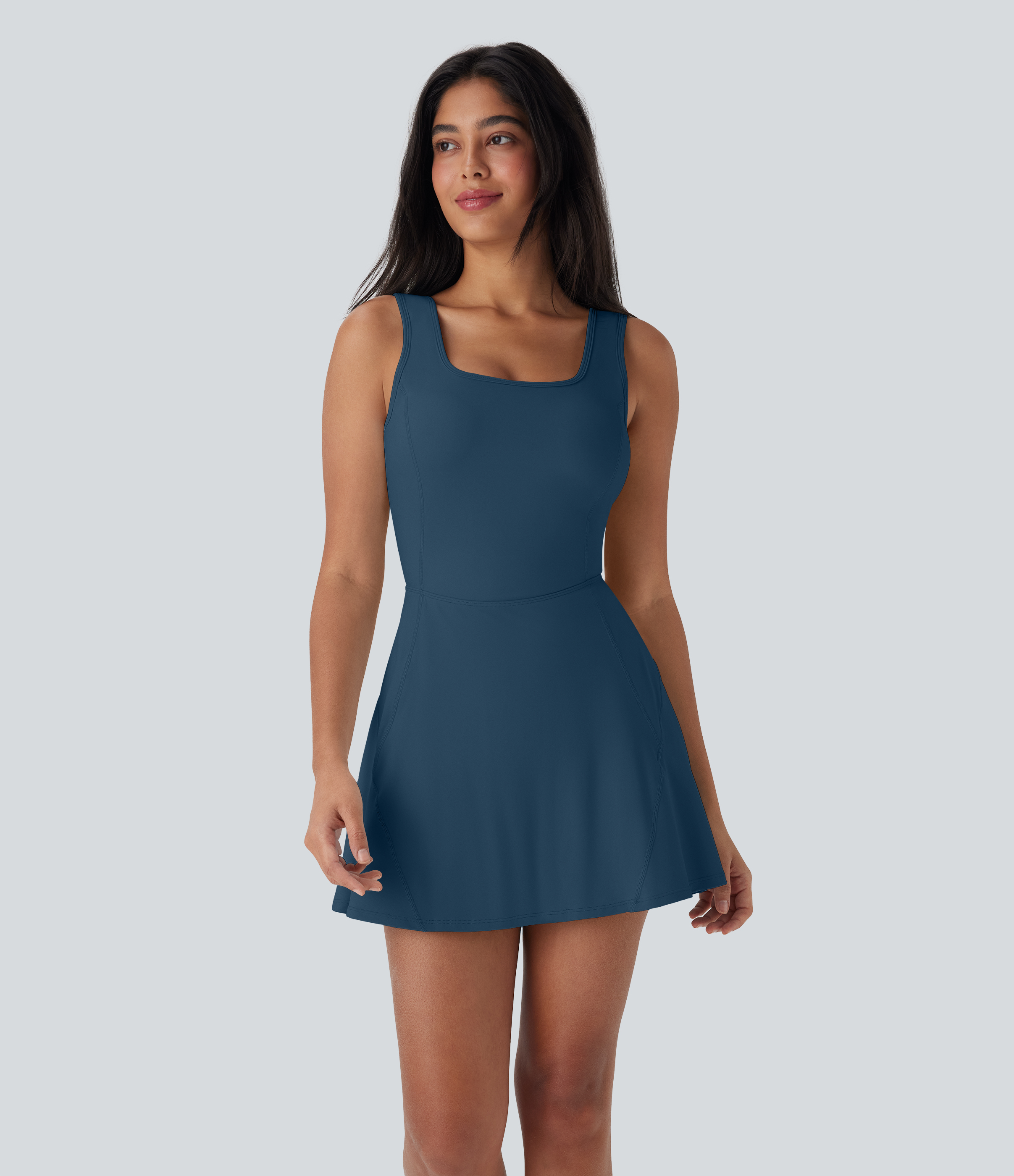 SoftlyZero™ Airy U Neck 2-in-1 Pocket Mini Cool Touch Dance Active Dress-Easy Peezy Workout Dress - Majolica Blue