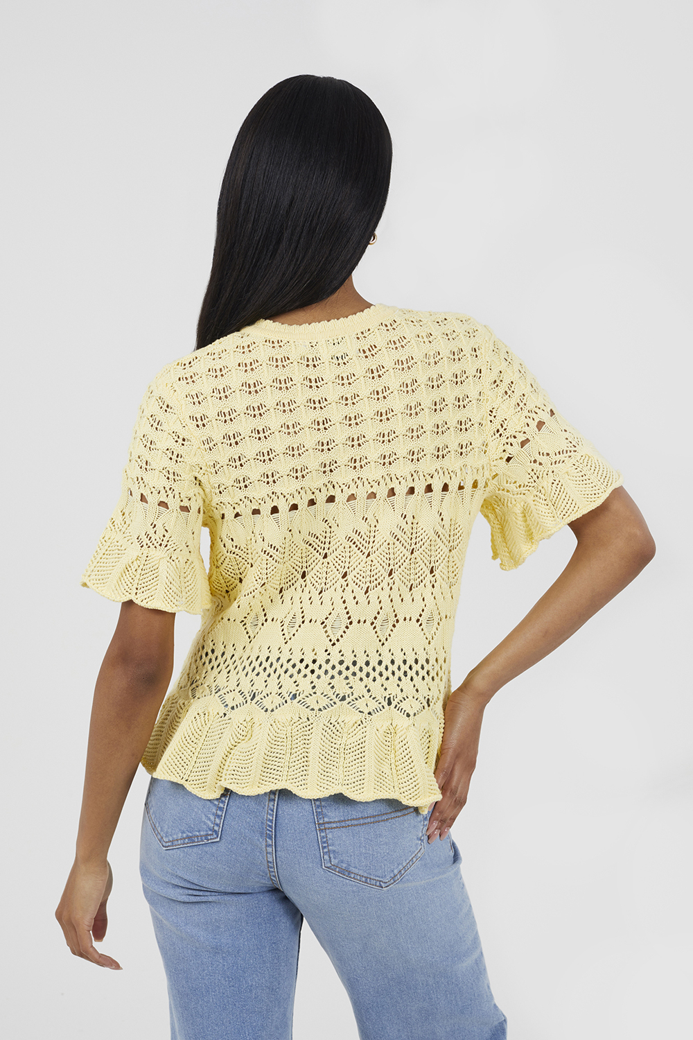 Brave Soul Womens Yellow Short Sleeve Pointelle Knit Cardigan With Frill Hem - X-Sma