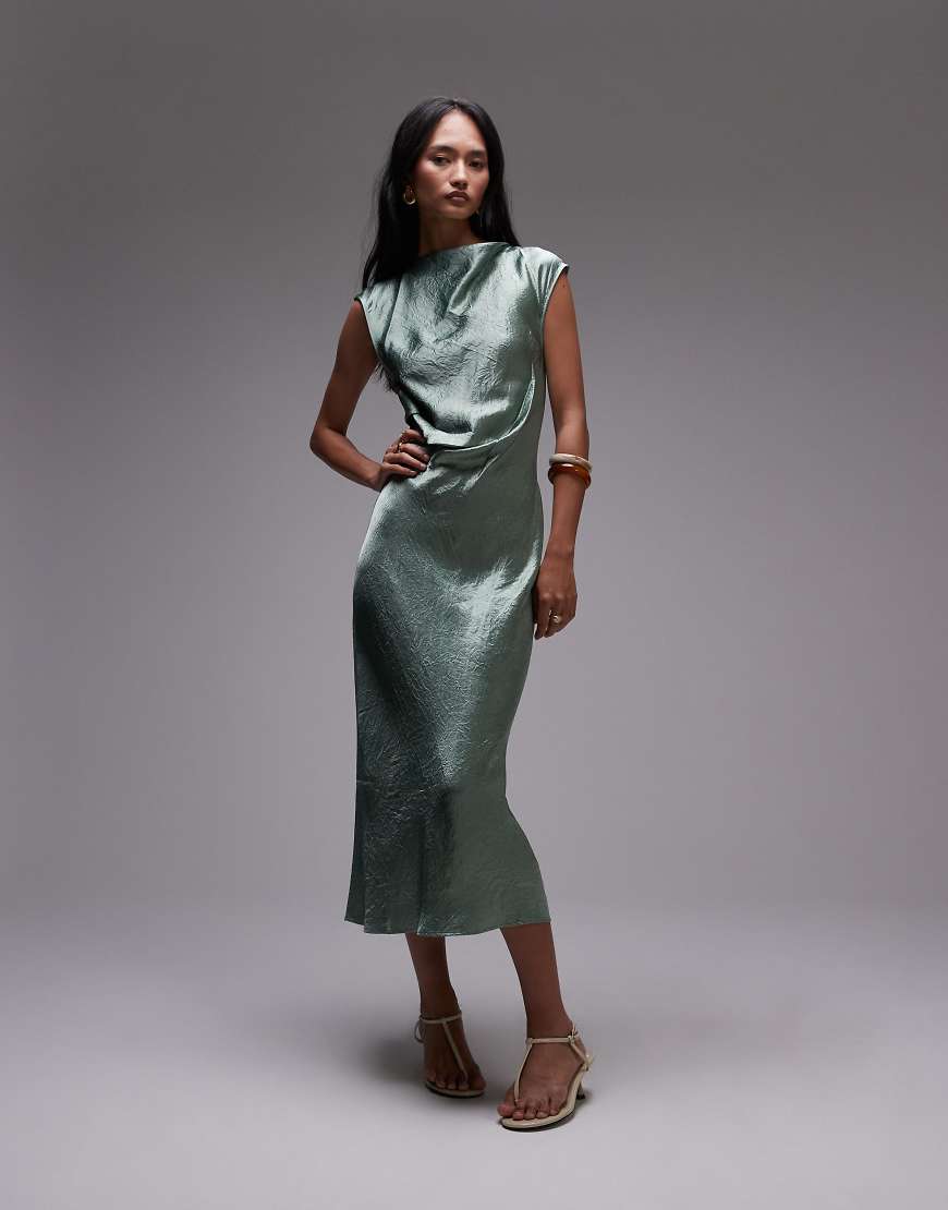 & bias cut satin midi dress with drape detail in green
