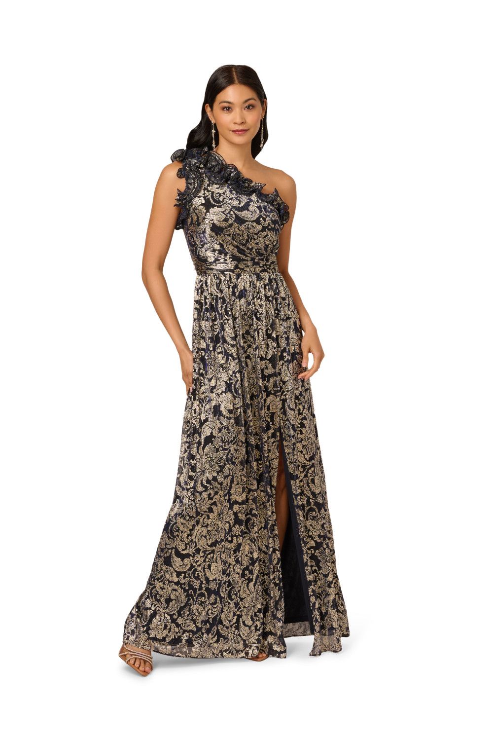 Adrianna Papell Women's One Shoulder Crinkle Gown in Navy