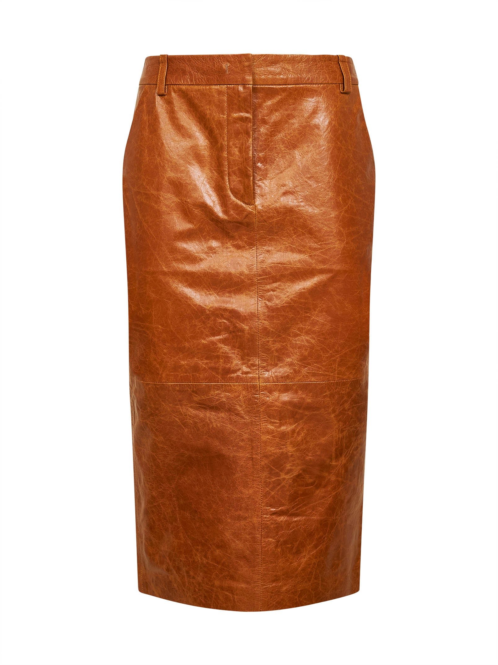 Leather Tailored Pencil Skirt — Cognac