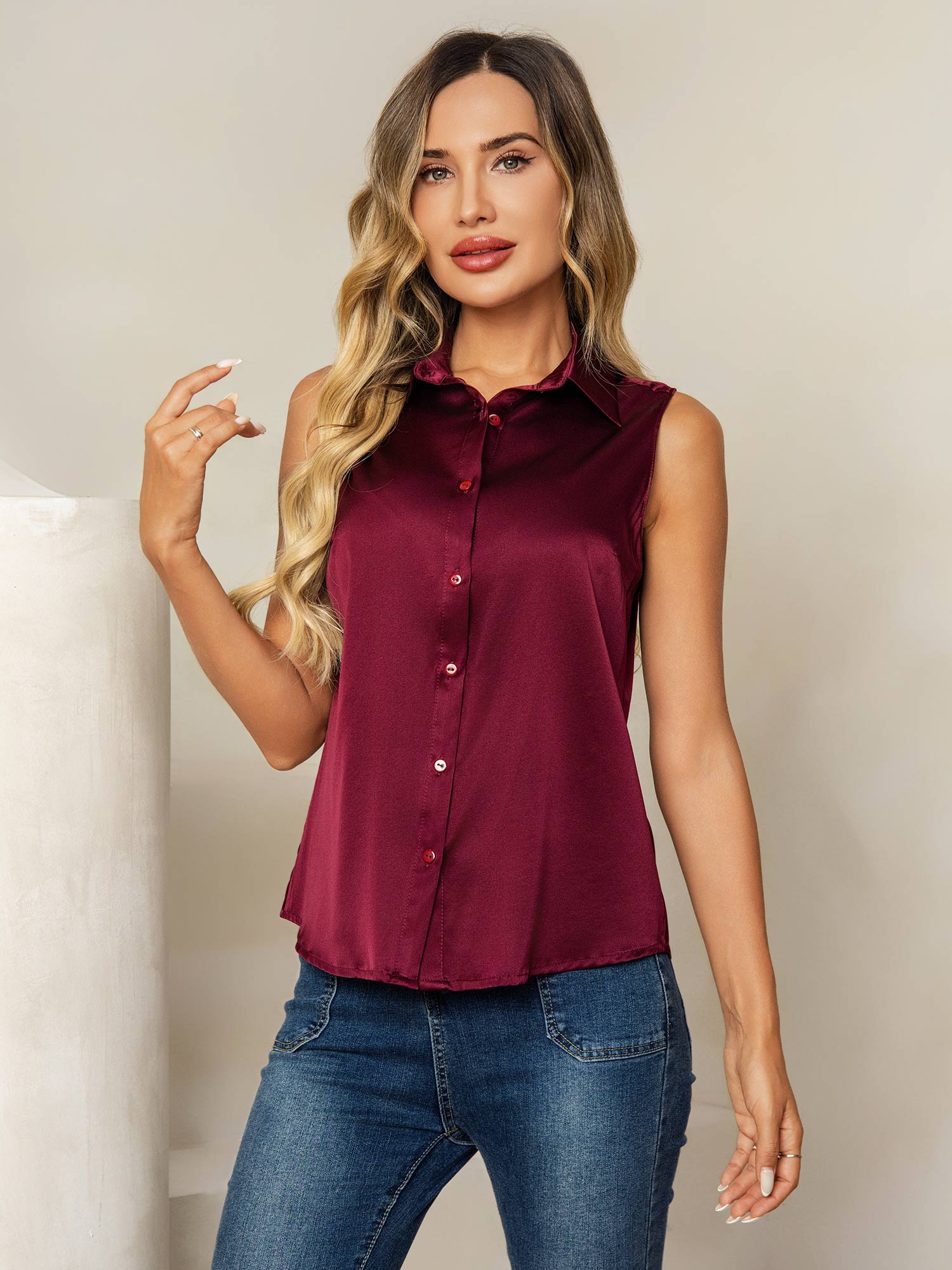 19Momme Silk Sleeveless Lapel Collar Women's Shirt with Button Up Design