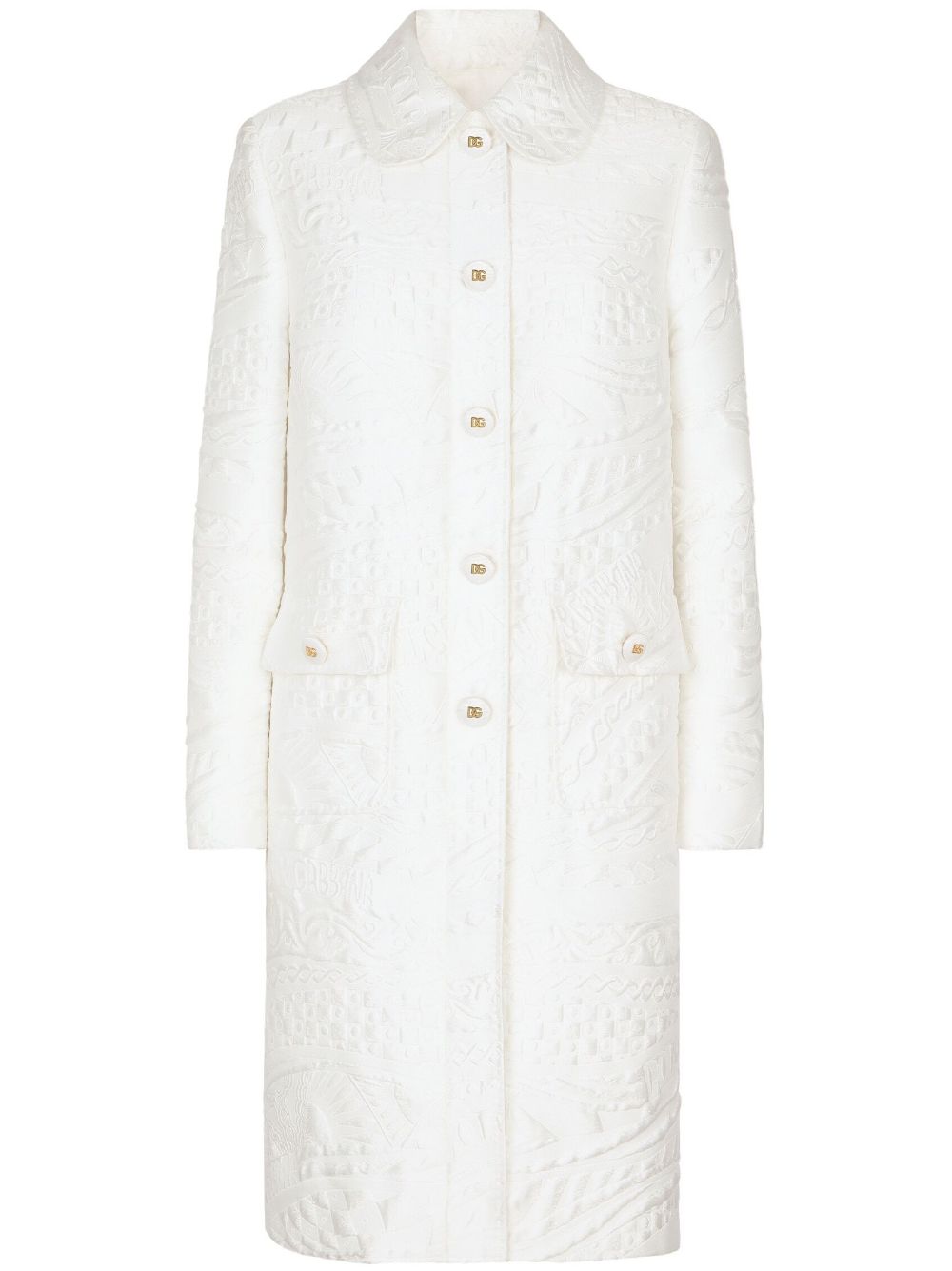 Floral-jacquard belted coat - White
