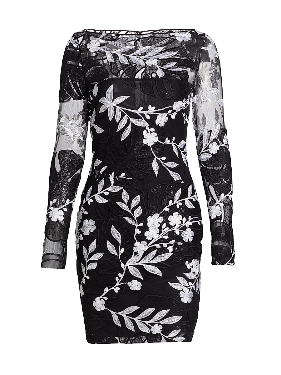 Women's Sequined & Floral- Embroidered Cocktail Minidress - Black White