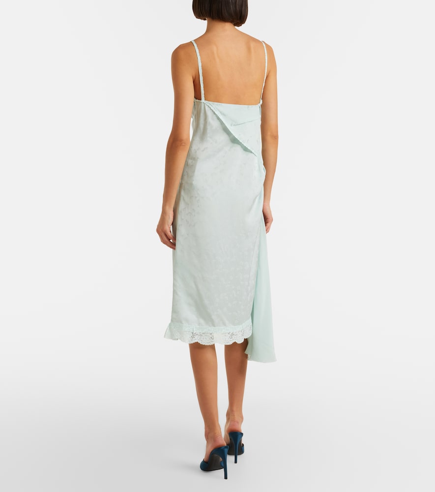 Asymmetric lace-trimmed jacquard slip dress