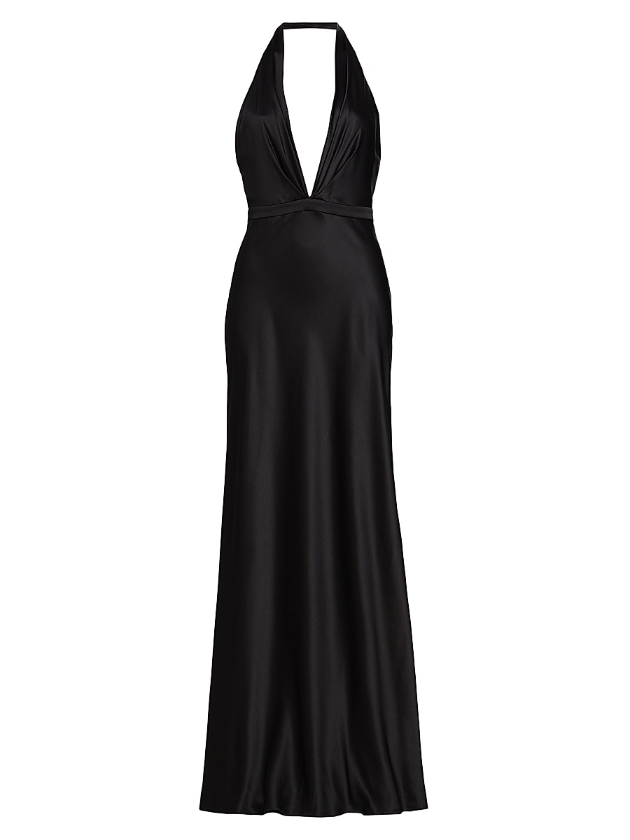 Women's Essy Silk Plunging V-Halterneck Gown - Black