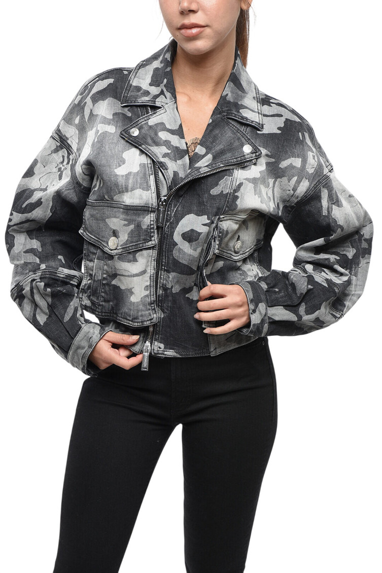 Denim Jacket With Camo Motif