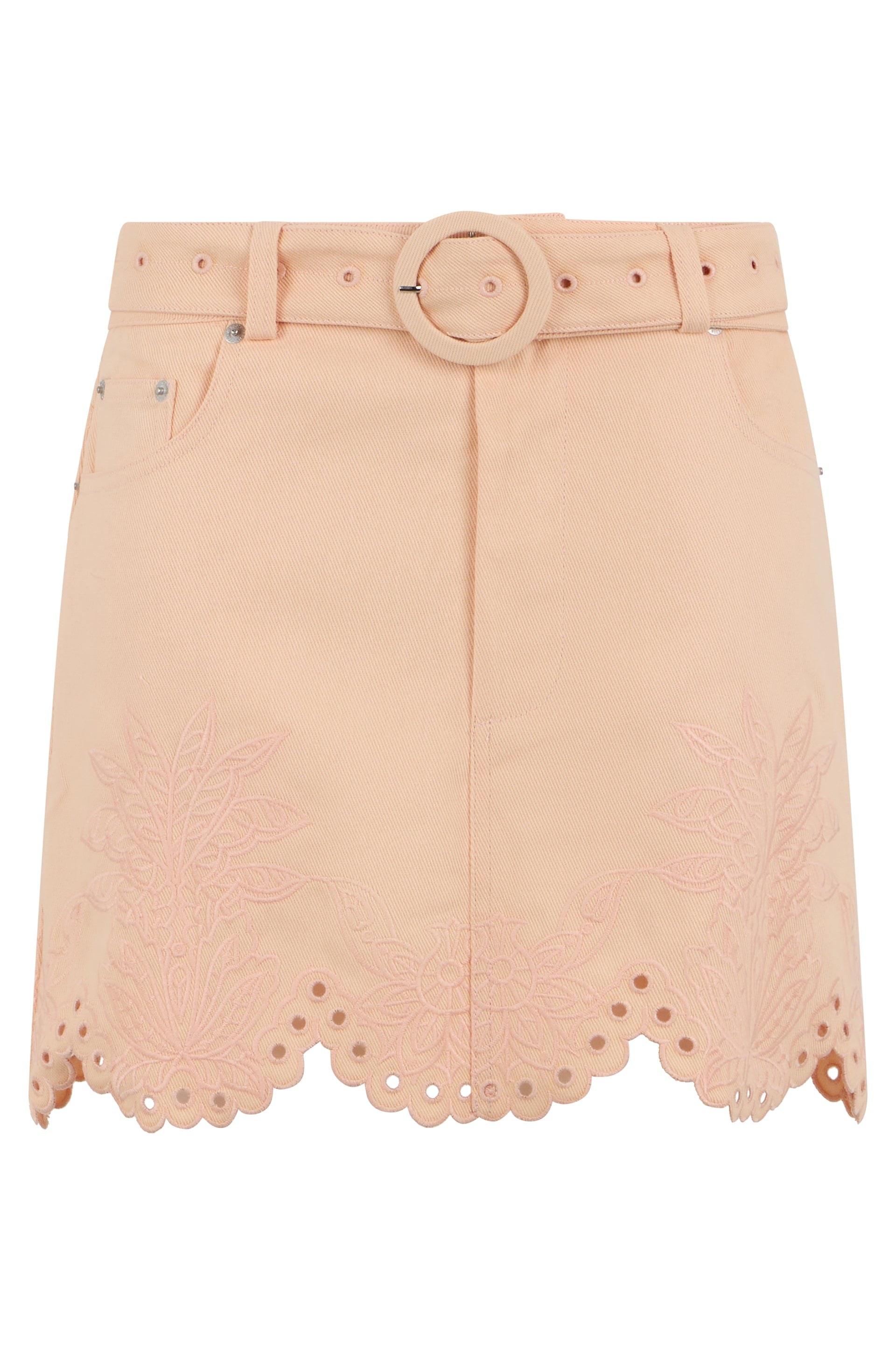 Pastel Pink Short Denim Skirt with Perforations & Embroidered Hem