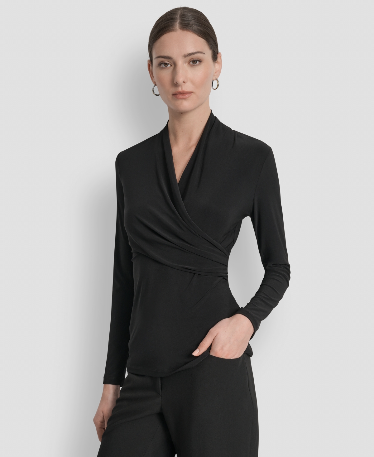 Women's Matte Jersey Faux Wrap Top, Regular & Petite - Black