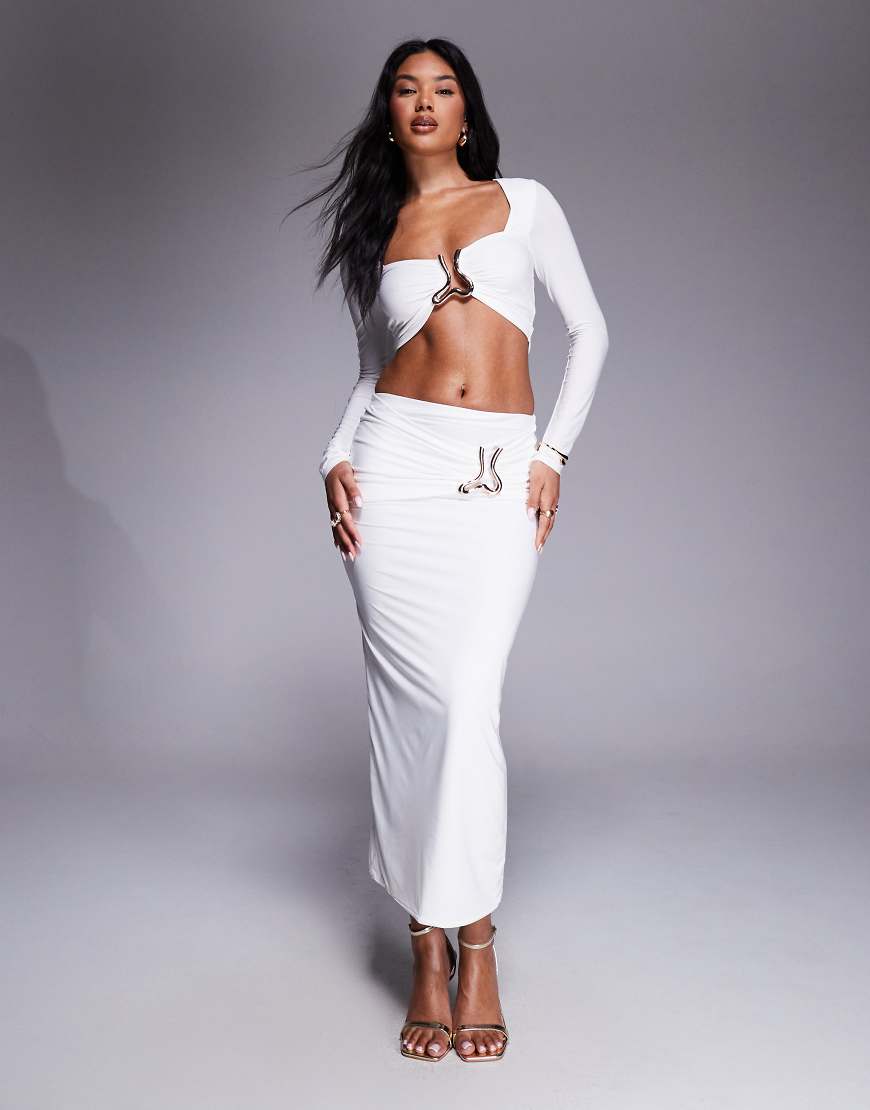Wavy trim ruched midi skirt co-ord in white