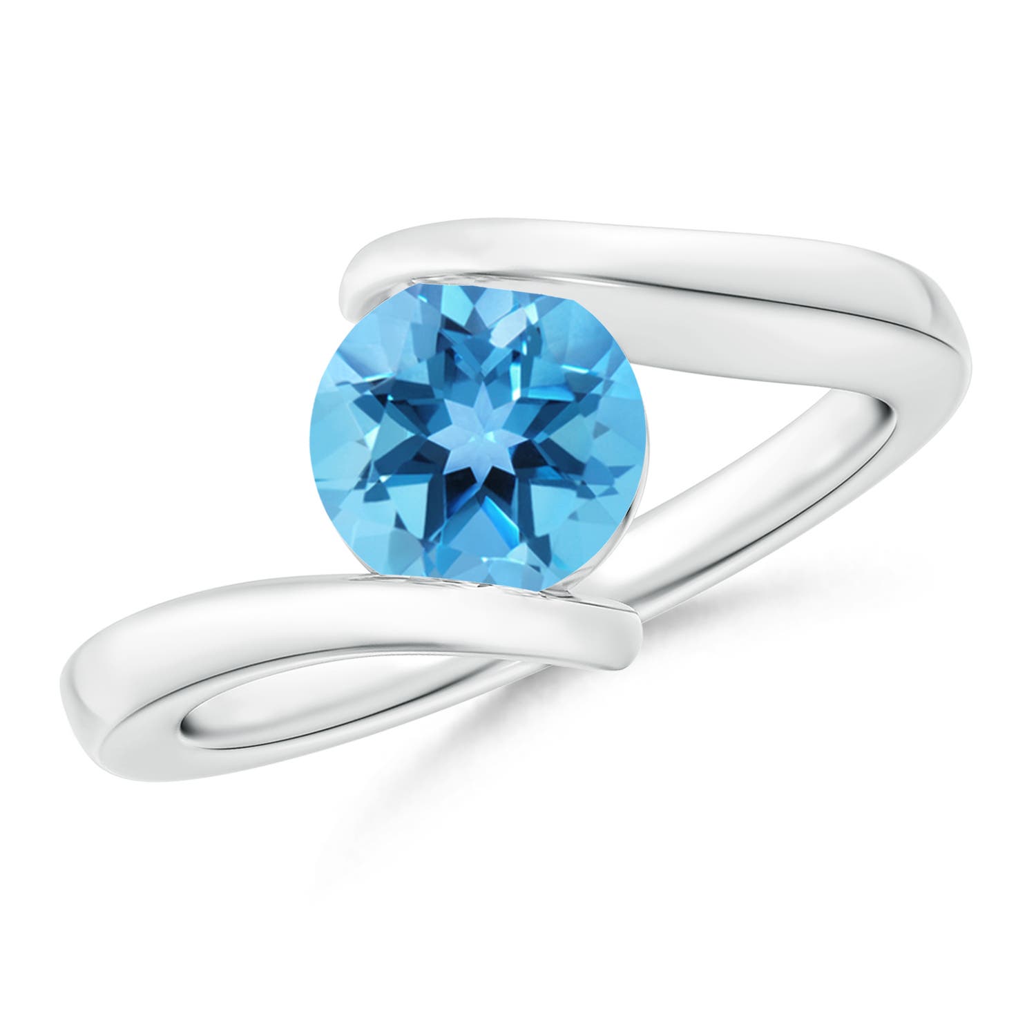 Angara 1.55 Carats Bar-Set Solitaire Round Swiss Blue Topaz Bypass Ring in Platinum