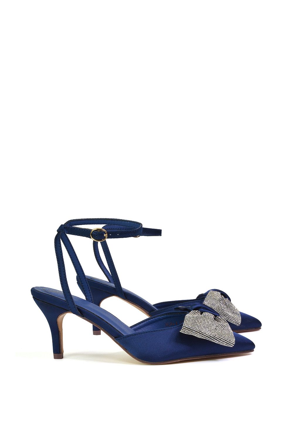 XY London Women's 'Solene' Diamante Bow Pointed Toe Court Shoes Mid Stiletto Bridal Heels in Navy
