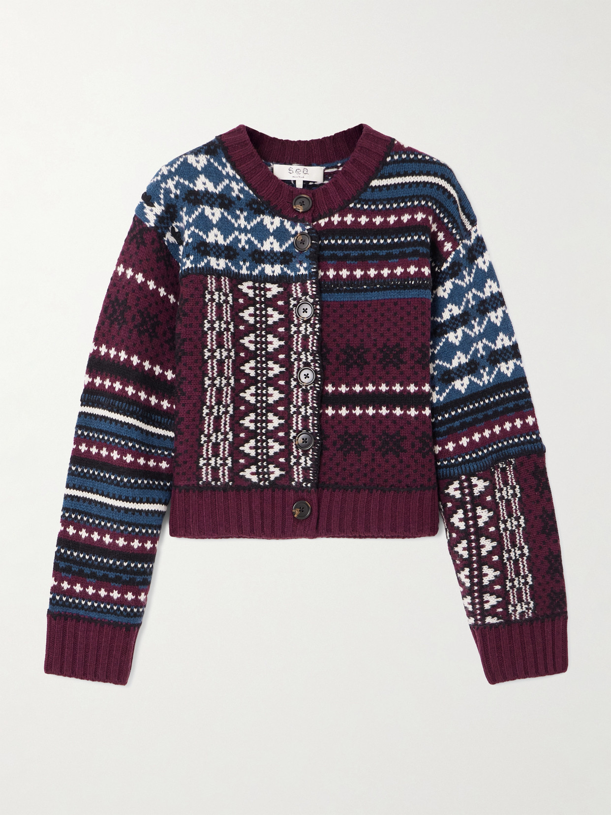 Linea Paneled Fair Isle Merino Wool Cardigan - Burgundy