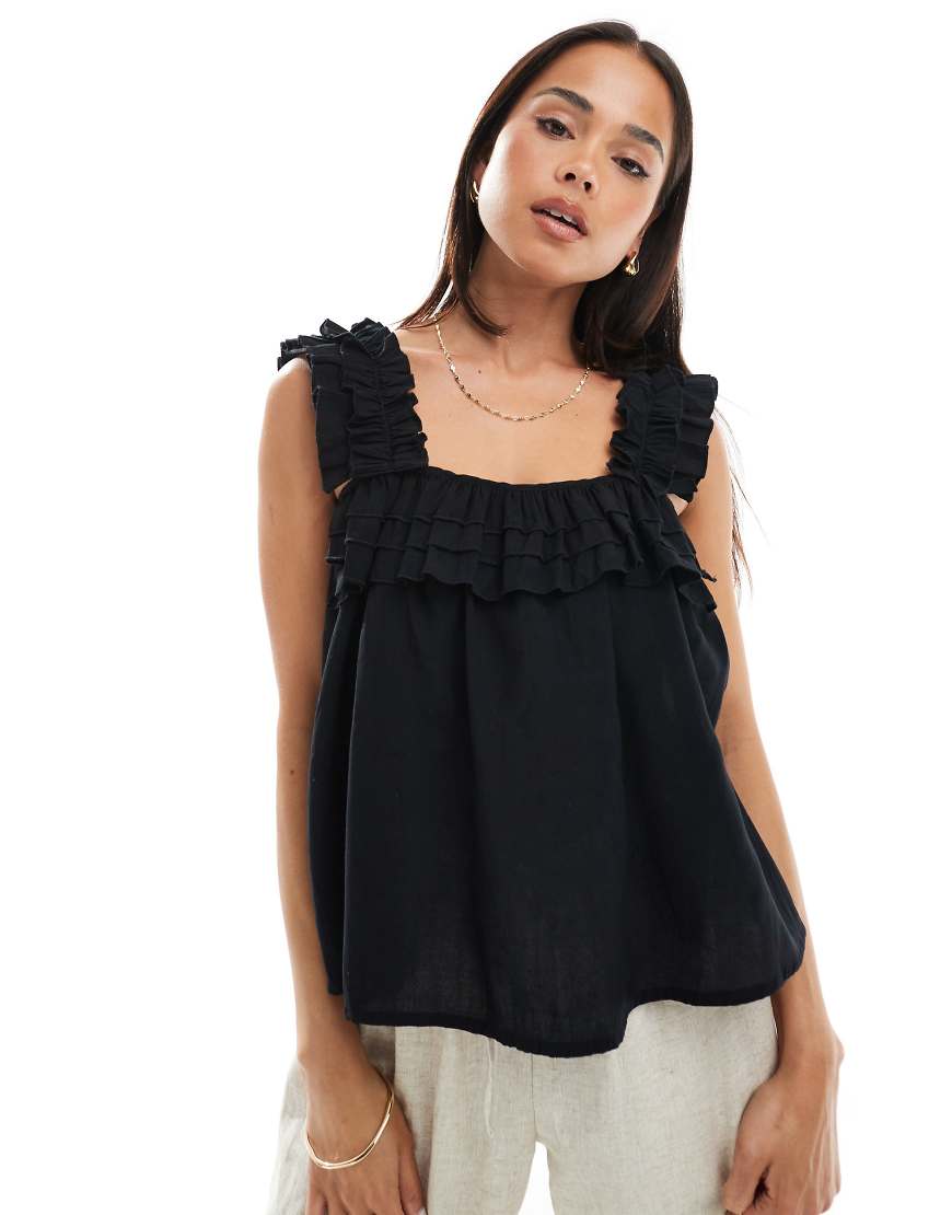 Pleated ruffle trim cami in black