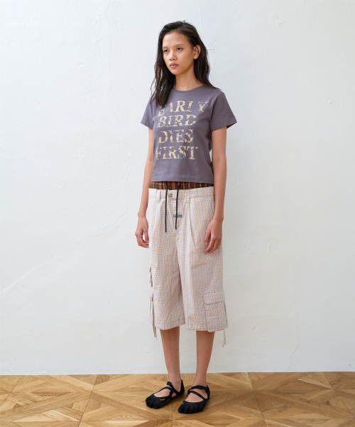 LAYERED CHECK CARGO SHORTS CREAM