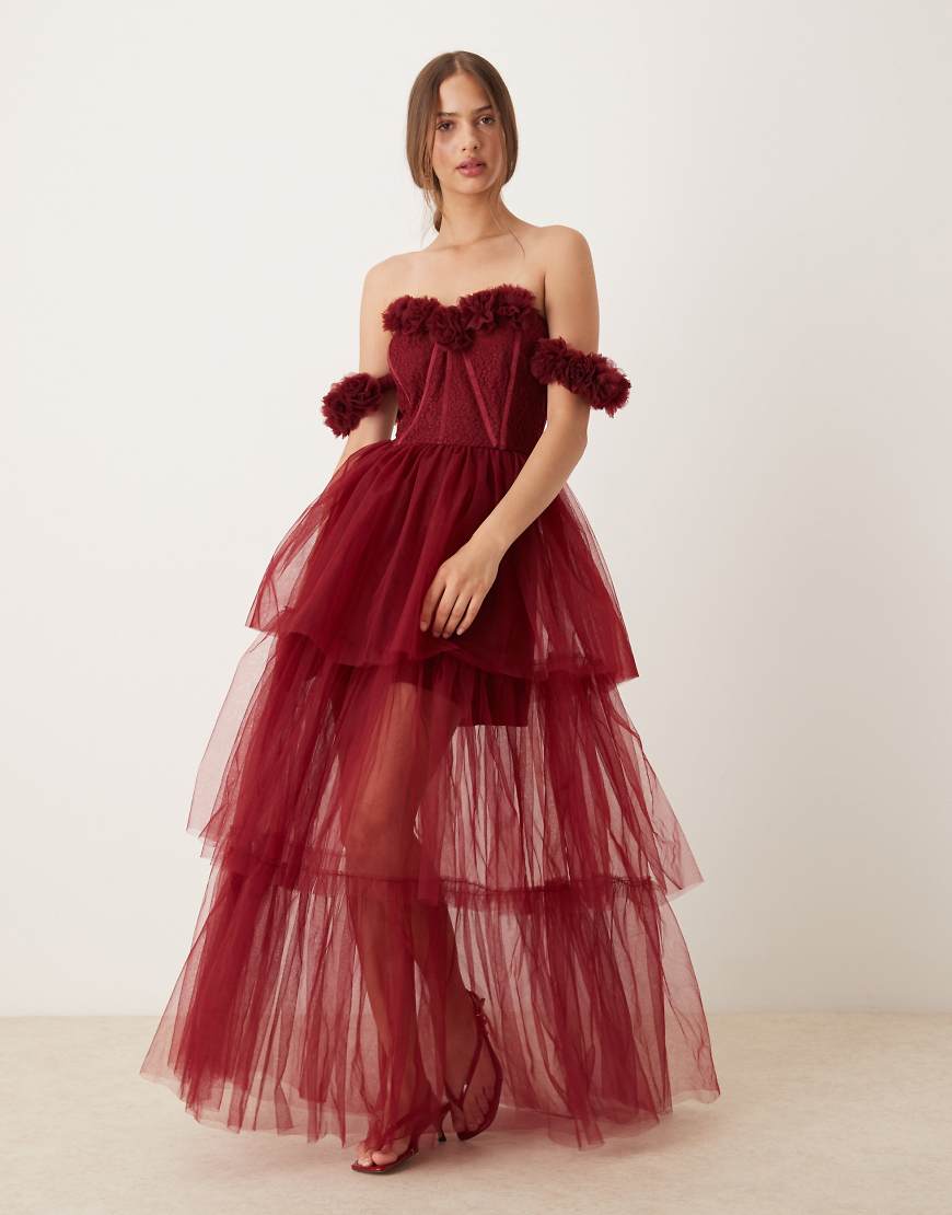 Rosette corset maxi dress in burgundy-Red