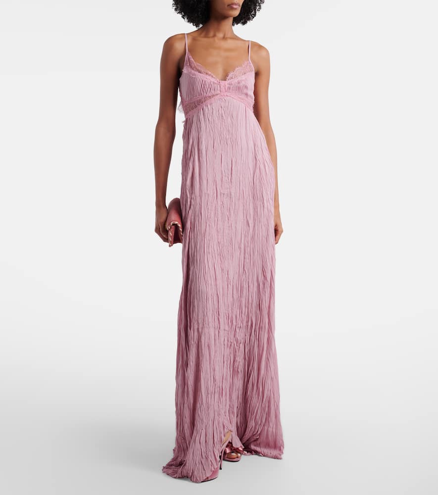 Lace-trimmed plissé georgette gown