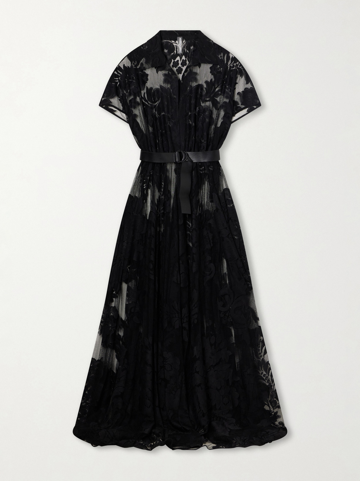 Belted Embroidered Mesh Gown - Black