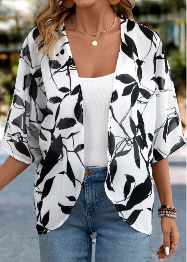 Modlily White Lightweight Leaf Print 3/4 Sleeve Light Cardigan