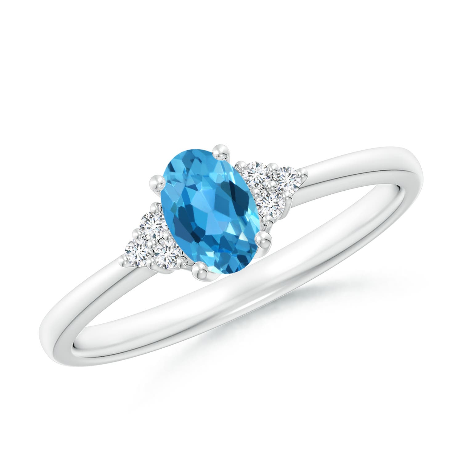 Angara 0.54 Carat Solitaire Oval Swiss Blue Topaz Ring with Trio Diamond Accents in Platinum