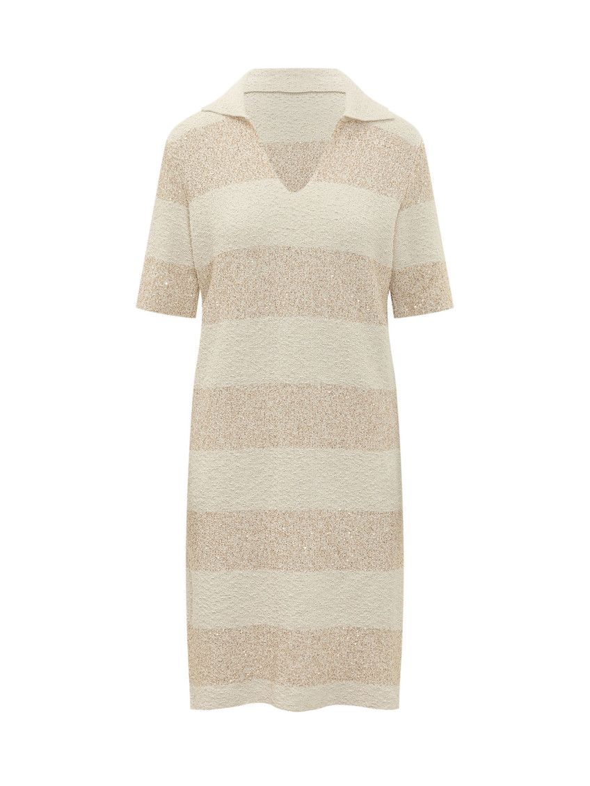 Beige Stripes V Neck Midi Dress