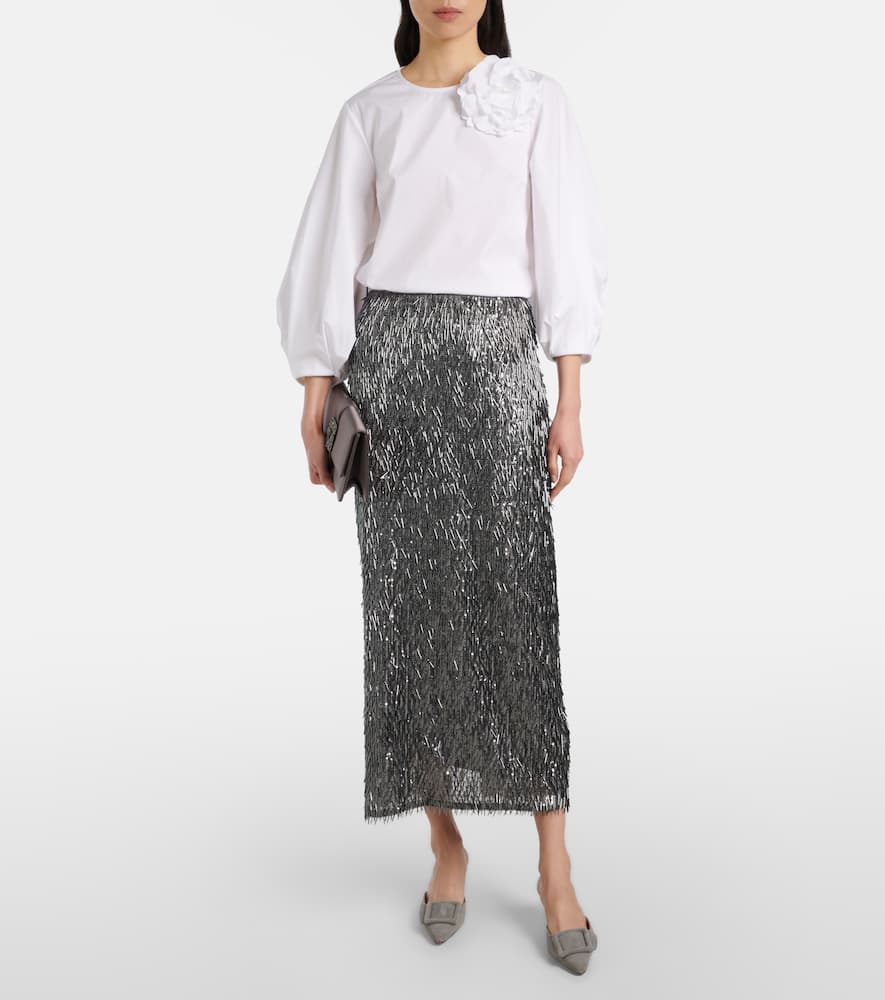 Floral-appliqué cotton-blend blouse